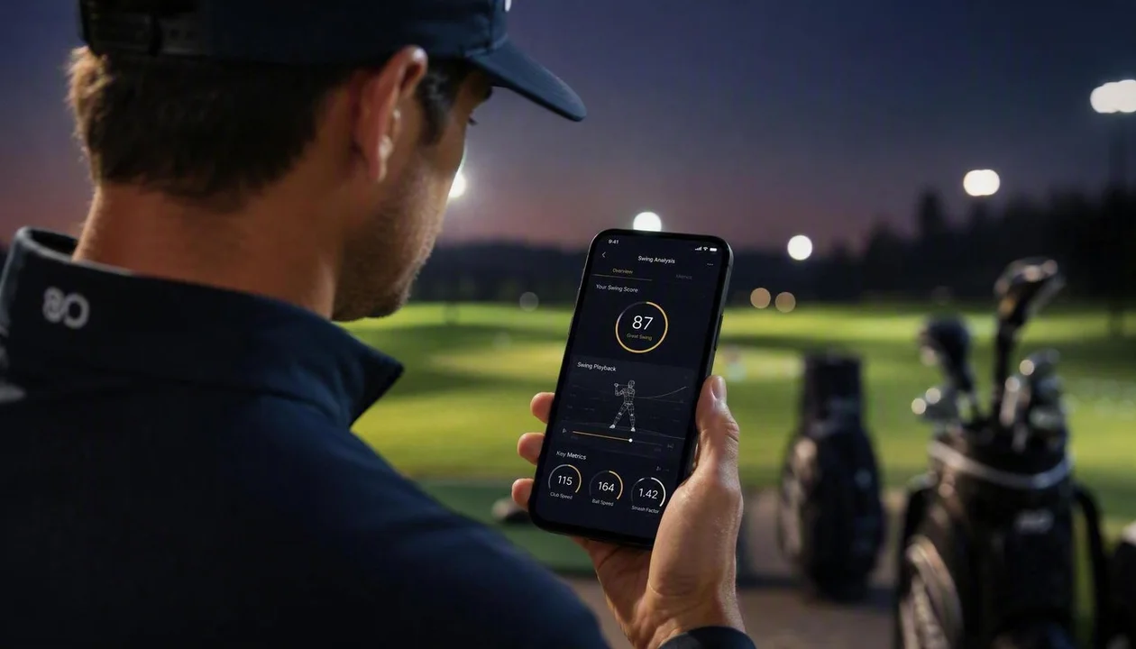 Golfer reviewing an AI swing analysis report and joint angles on a smartphone screen indoors