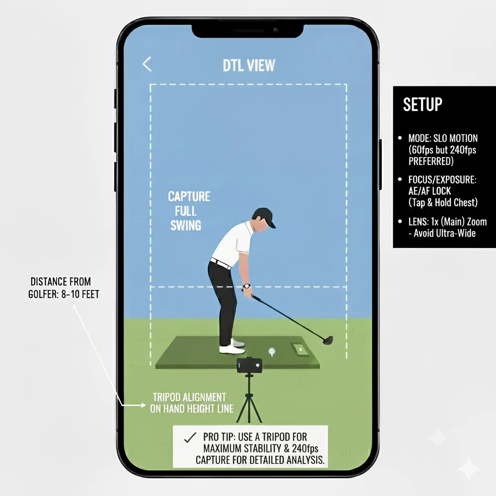 Down-the-line setup card: phone in portrait 8 to 10 feet from the golfer, tripod aligned on the hand height line, slo motion at 60 or 240 fps, AE and AF locked, 1x main lens