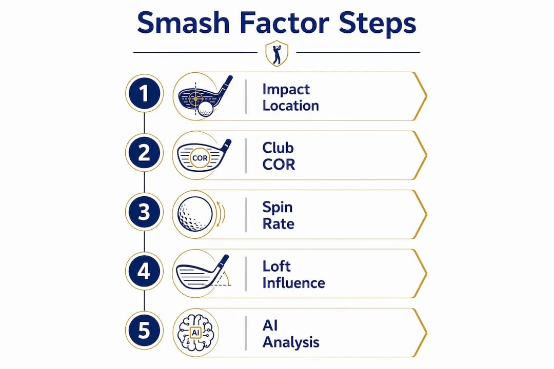 Diagram of the five things smash factor depends on: impact location, club COR, spin rate, loft influence, and AI analysis